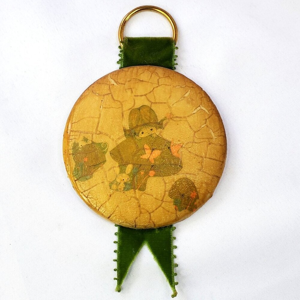 VTG MCM Wall Hanging Little Girl with Mushrooms Green Velvet Porcelain Crackle - Picture 9 of 12